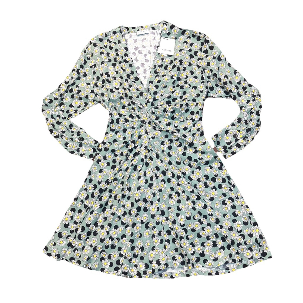 NWT Sandro Ruched Printed Linen-Blend Dress Size:40(US 8) Floral Polka Dot Green - Picture 4 of 11